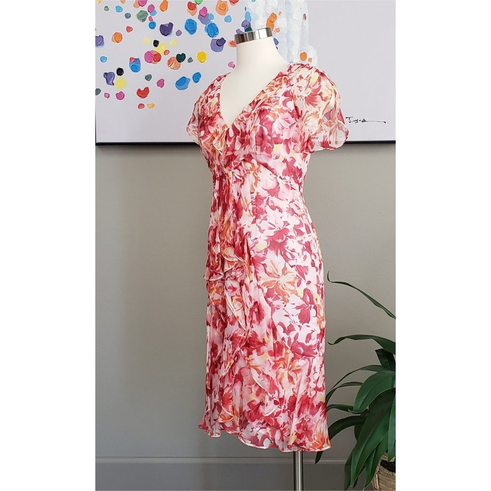Carmen Marc Valvo Pink Floral Silk Ruffle Dress Size 4 - Picture 5 of 13